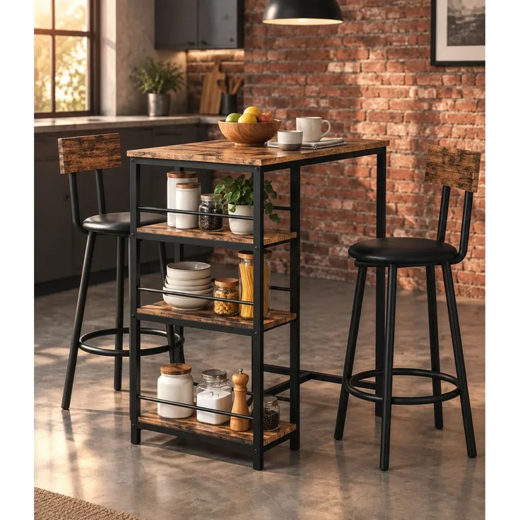 Bartisch-Set 90x50x90,5 cm in Eiche mit Stahlgestell, 2 gepolsterten Barhockern und 3 Ablagen