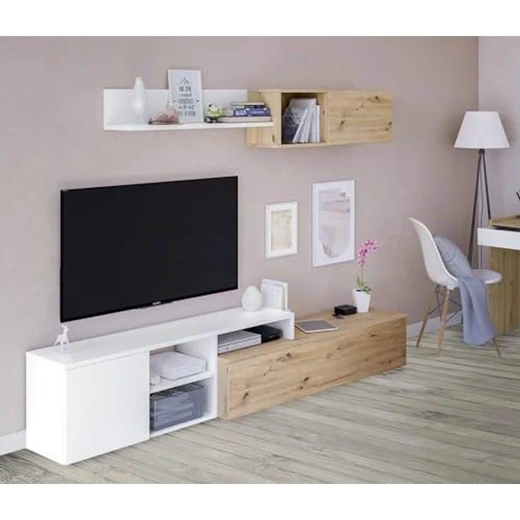 Dmora - Wohnzimmermöbel Miami, Wohnmöbel mit umkehrbarem TV-Ständer, Wohnzimmerkomposition mit Schrankwand und Regal, 220 x 40 x 44 cm, Eiche mit Asteffekt und Weiß – Bild 5