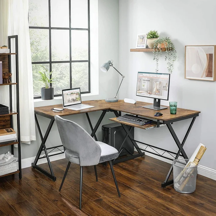 Vasagle Schreibtisch, großer Computertisch, L-förmiger Eckschreibtisch, Bürotisch, PC-Tisch, Homeoffice, Büro, platzsparend, einfache Montage, 150 x 138 x 75 cm, vintagebraun-schwarz LCD402B01 – Bild 2