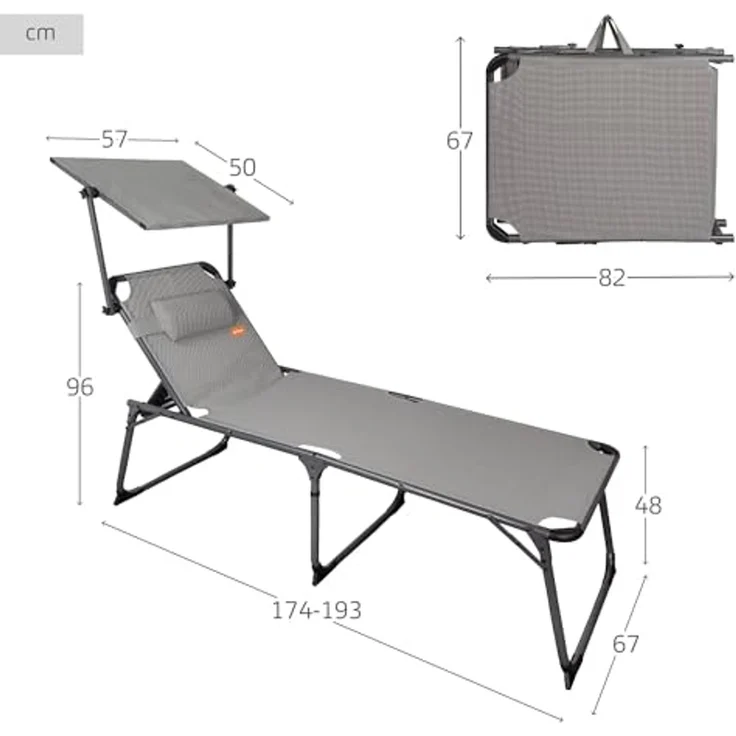 Aktive 62613 Klappliege mit Sonnenschirm, 193 x 67 x 85 cm, Camping, Grau – Bild 3
