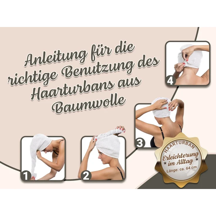 ZOLLNER Haarturban / Kopfhandtuch aus Baumwolle, 64 cm, weiß – Bild 3