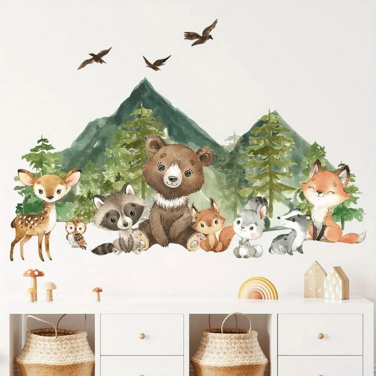 Montegoni Wandsticker Kinder Tier Wandaufkleber Dekoration (lächelndes Gesicht Bär, Hirsch, Fuchs,Baum, Bergtier Wandaufkleber), Wandtattoo mit Waldtieren für Schlafzimmer,Kinderzimmer – Bild 5