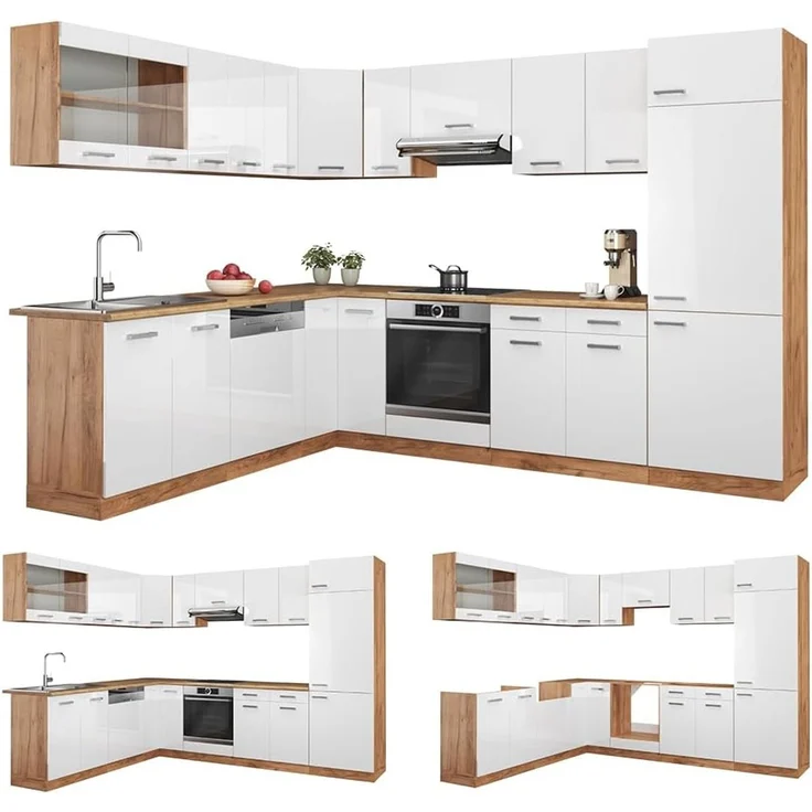 Eckküche R-Line Weiß Hochglanz/Goldkraft Eiche 287 x 227 cm ohne Arbeitsplatte Vicco – Bild 6