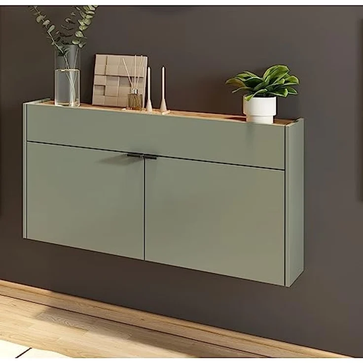 Lomadox Schuhschrank ABERDEEN-01 grün mit Eiche Nb, ideal für schmale Flure, 110/57/22 cm – Bild 1