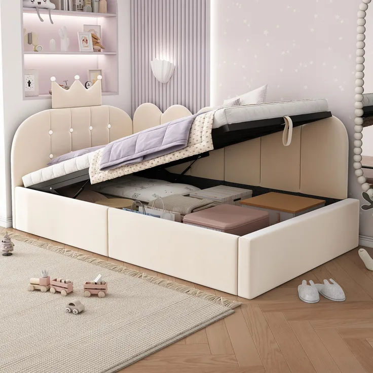 Merax Einzelbett 90x190 cm, Kinderbett, Polsterbett, Daybett, Tagesbett-Schlafsofa mit Stauraum (hydraulisch), Gästebett L-Form Samt, Beige