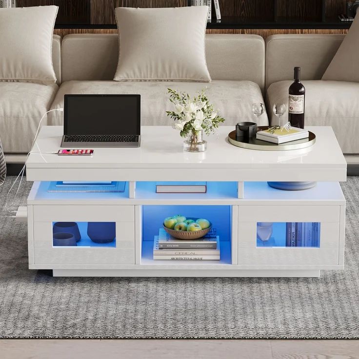 EINHOM 100 x 50 x 43 cm Weißer Hochglanz-Couchtisch, mit Per Mobiler APP Steuerbaren LED-Leuchten, Wohnzimmertisch mit Schrank, Sofatisch mit Ladeanschluss und Steckdose, Geeignet für Büro, Arbeitszimmer – Bild 7