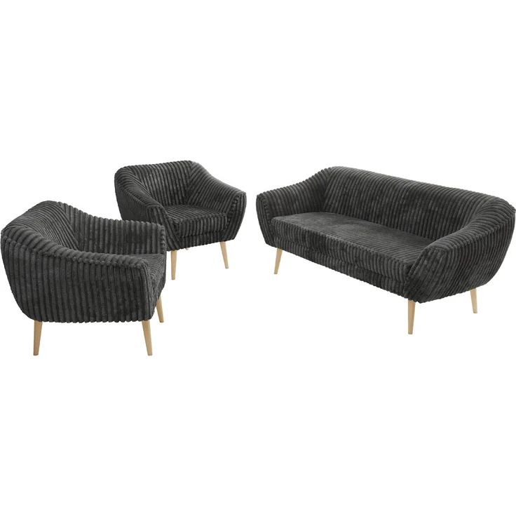 Wohnzimmerset PIRS 1-1-3, Skandinavisches 3-Sitzer Sofa mit Sesseln, Sofa mit Wellenfederung, Buche Füße, Skandinavisches Möbelset - Grau Cord – Bild 8