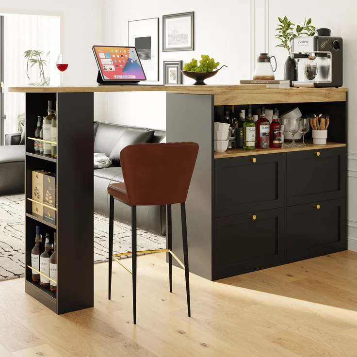 Bartisch 105 x 39 x 102 cm, 360° drehbar, mit 4 Schubladen und offenen Ablagen, Schwarz – Bild 13