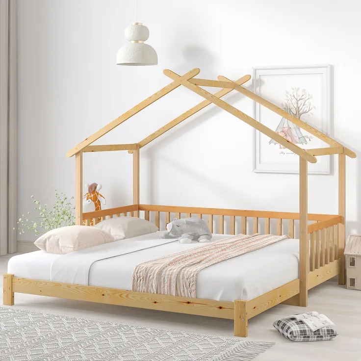 Ausziehbett 90/180×200 cm Hausbett aus Massivholz – erweiterbar, mit dreiseitigem Geländer