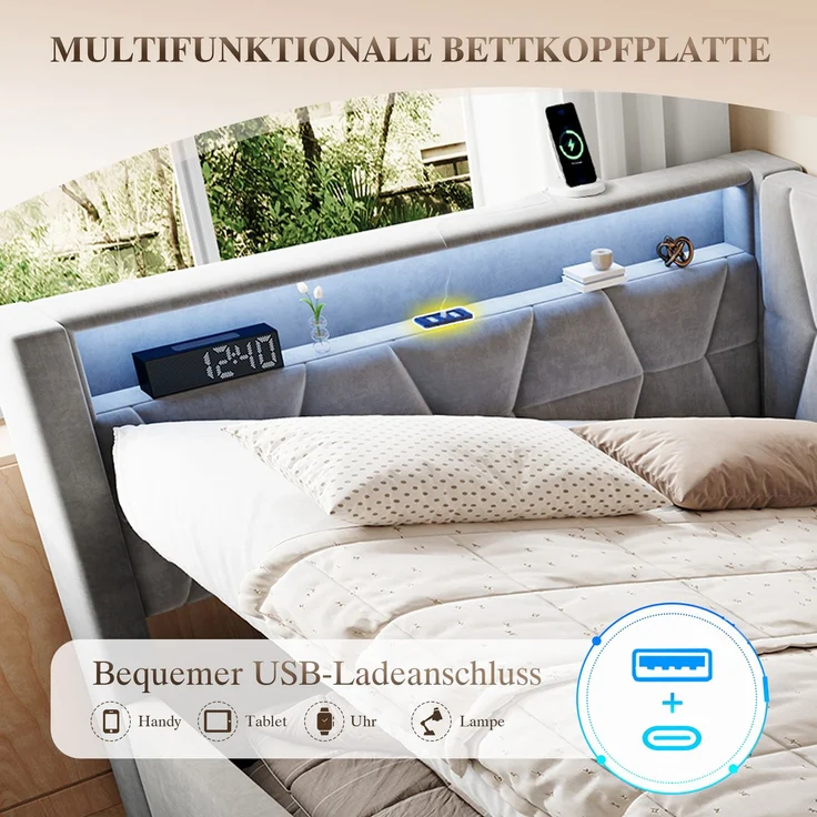 TavilaEcon Polsterbett Samtbett mit LED-Beleuchtung an Kopf- und Fußteil, USB & Type-C grau Liegefläche 140 × 200 cm – Bild 5