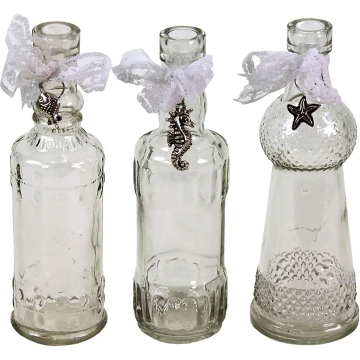 3er Set Glas Flaschen H=17 cm maritim silber Anhänger Vasen Spitzenband Deko