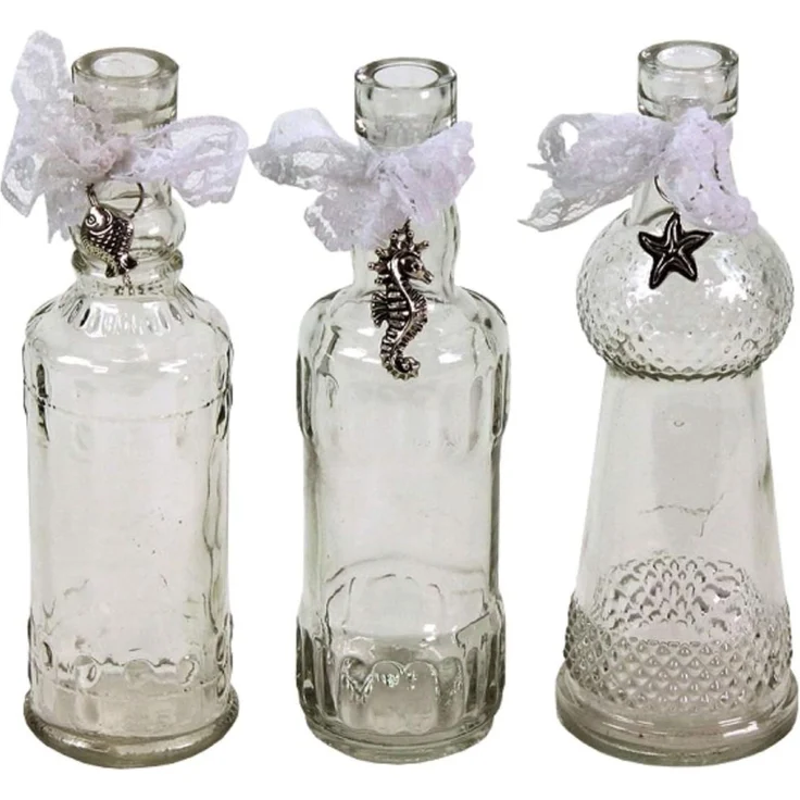 3er Set Glas Flaschen H=17 cm maritim silber Anhänger Vasen Spitzenband Deko – Bild 1