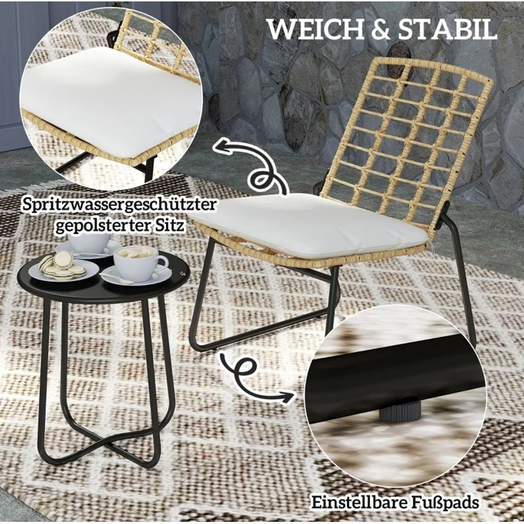 Hauss Spole Balkonmöbel-Set 3-teilig, stapelbare Stühle und Tisch aus Polyrattan, Beige, 56x67x78 cm – Bild 6