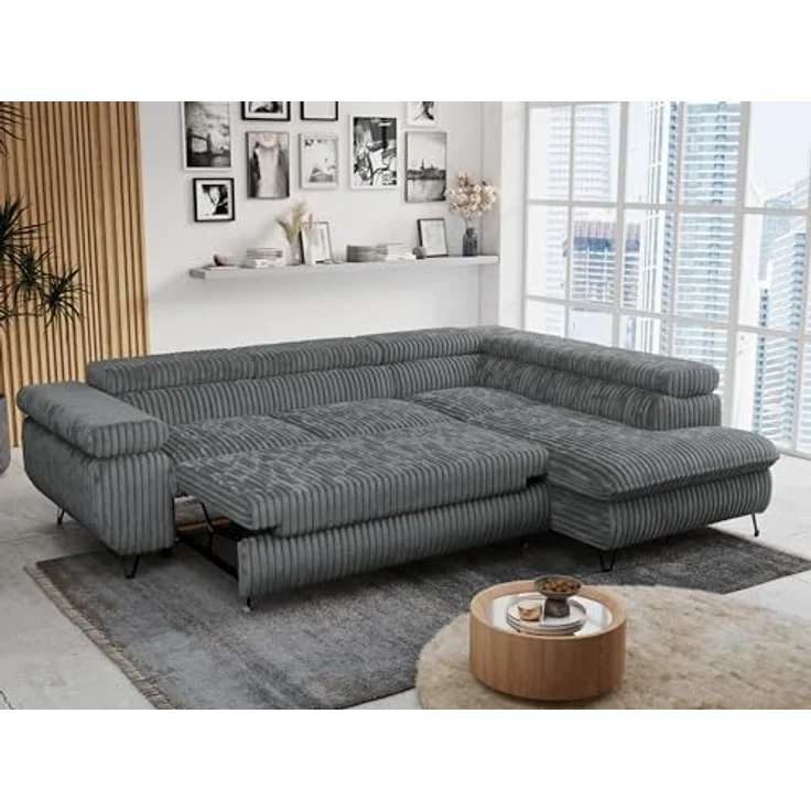 Mks Möbel 'Peter L-form' Ecksofa mit Bettfunktion, Bettkasten & einstellbaren Kopfstützen, Dunkelgrau, Cord, rechts – Bild 6