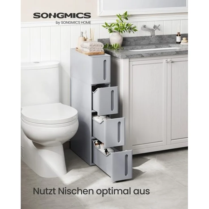 Nischenregal mit Rollen, Rollwagen mit 4 Schubladen, 17,3 cm breit, Badregal schmal, Rollregal, Küchenregal, PP-Kunststoff, grau – Bild 2
