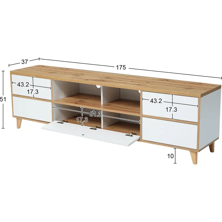 Modernes TV-Gerätemöbel - 175x37x51cm in Weiß & Holz mit praktischem Stauraum, 175 x 37 x 51 cm, Holzoptik+Weiß – Bild 10