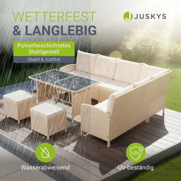Juskys Polyrattan Lounge Manacor creme – Gartenlounge mit Sofa, Tisch, 2 Hocker & Kissen – Gartenmöbel Set bis 8 Personen – Sitzbezüge in Sand – Bild 2