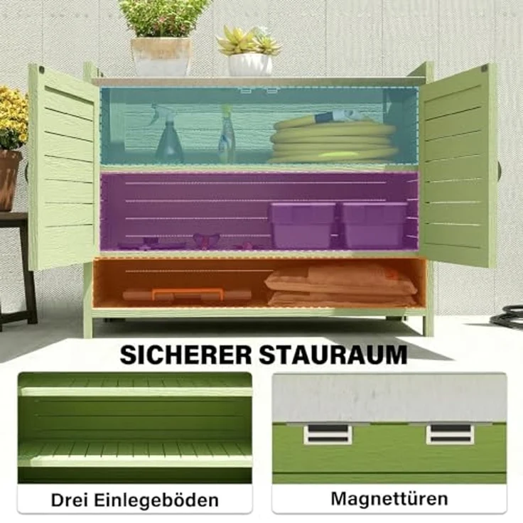 Outsunny Pflanztisch mit verzinkter Arbeitsplatte 3 Regalböden Doppeltüren (wetterfest Gärtnertisch, 1-St, Outdoor Gartenschrank), aus Holz für Garten Balkon Terrasse 88 x 40 x 70,5 cm, Grün – Bild 5