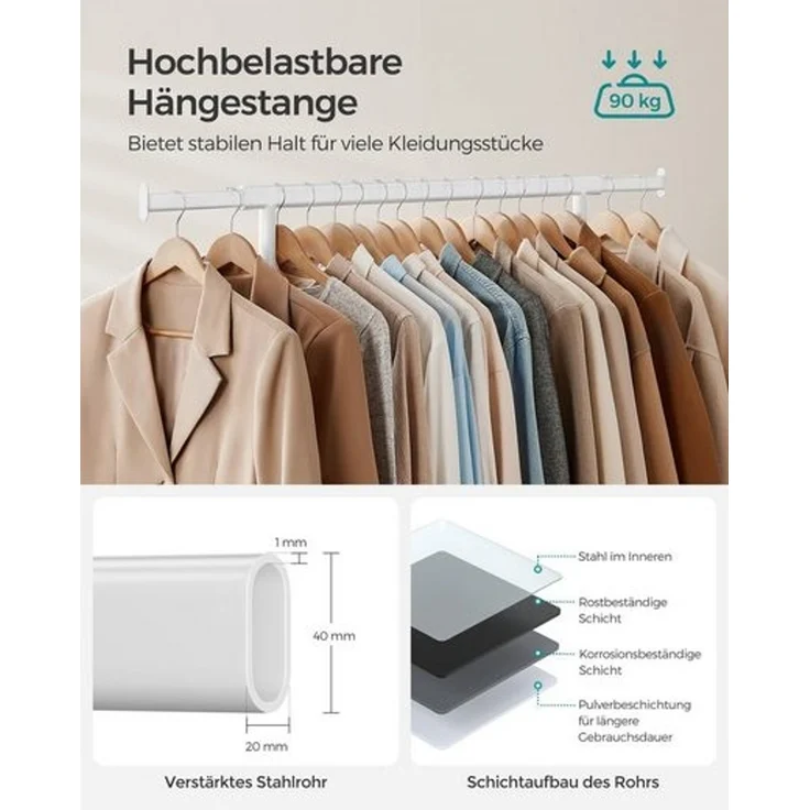 Songmics Garderobenständer auf Rollen bis 90 kg belastbar, Stahl weiß, 45,4 x (92-132) x 160 cm – Bild 3