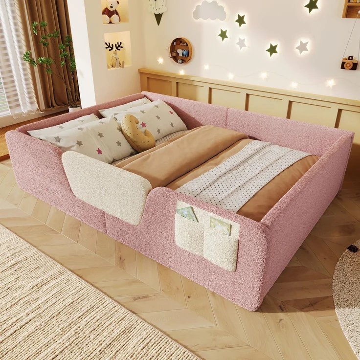 Polsterbett 140x190 cm aus Velours in Rosa mit abnehmbaren Seitengittern, ohne Matratze – Bild 2