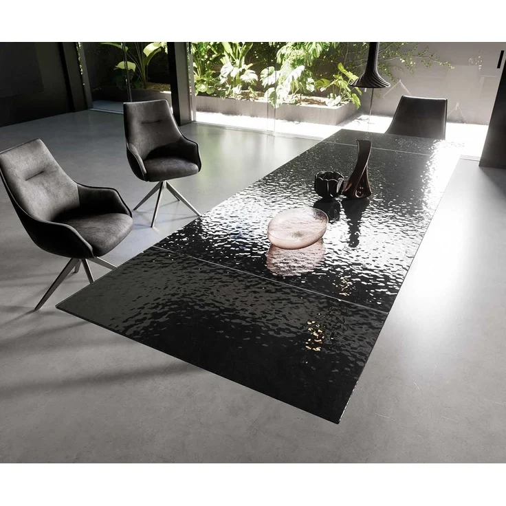 Esstisch Edge 200-300x100 Reliefglas Rauchschwarz 3D-Design Spider Flachstahl Schwarz ausziehbar – Bild 6