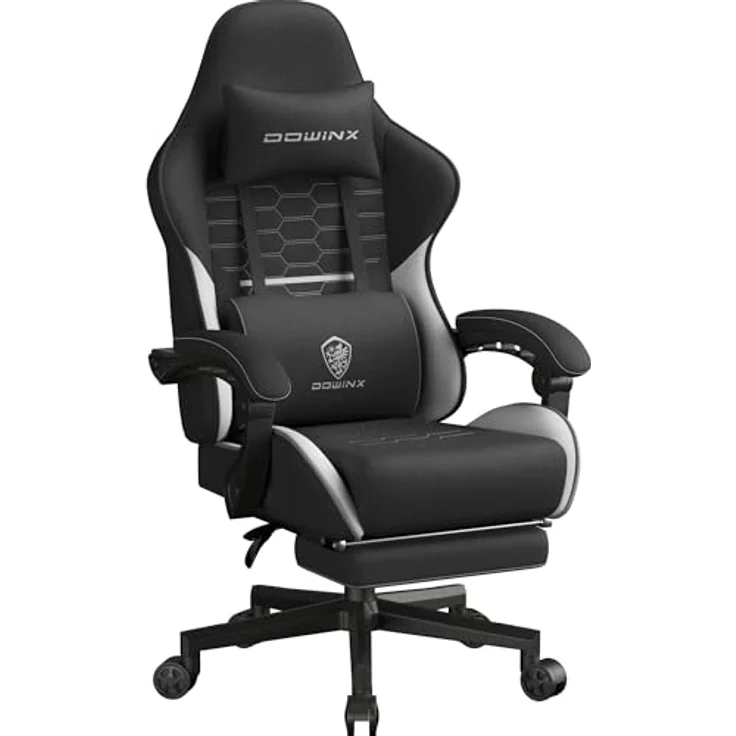 Dowinx Gaming Stuhl Tasche Frühling Kissen, Atmungsaktiver Bürostuhl aus Hochwertigem Stoff, Ergonomischer PC-Stuhl mit Kopfstütze, Drehbarer Schreibtischstuhl mit Fußstütze (Schwarz und Weiß) – Bild 2