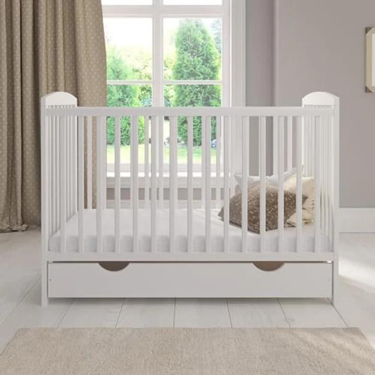 Weiß Babybett Gitterbett mit Schublade 120x60 + Schaumstoffmatratze + Sicherheitsgitter aus Holz + Schutzhülle – Bild 3
