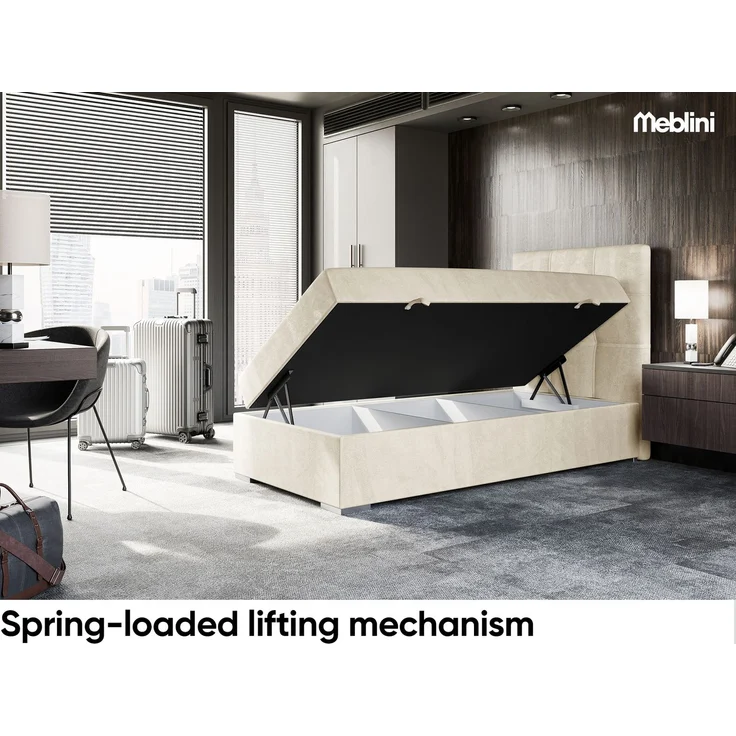 MEBLINI Boxspringbett KAI 90x200cm Rechts - H3/Creme Samt - mit Bettkasten - Gepolstert Einzelbett mit Topper & Taschenfederkern-Matratze – Bild 3