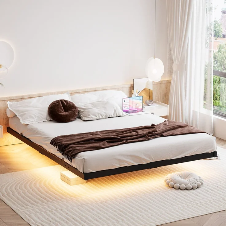 Homerecommend Schwebebettrahmen Metallbett 140x190 cm, für Schlafzimmer & Jugendzimmer, mit LED-Beleuchtung & integrierter Ladestation (1 Steckdose, 2 USB), Vintage Schwarz – Bild 5