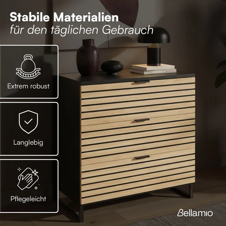 Bellamio 'Luvua' Kommode, schwarz/Eichenoptik, mit Metallfüßen, 80x40x80 cm, Schrank mit 3 Schubladen – Bild 4