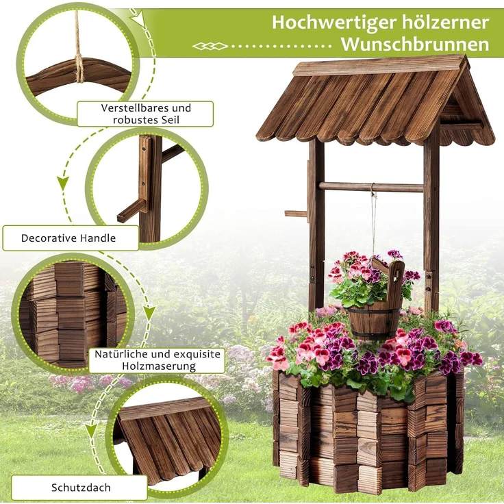 Aoxun Pflanztopf Wunschbrunnen Holz, Ziehbrunnen Pflanzenständer, Wunschbrunnen Pflanzkübel, 54x54x118cm, Dekobrunnen für Garten, Gartenbrunnen Blumenkübel,Natürlicher Holzfarbton – Bild 8