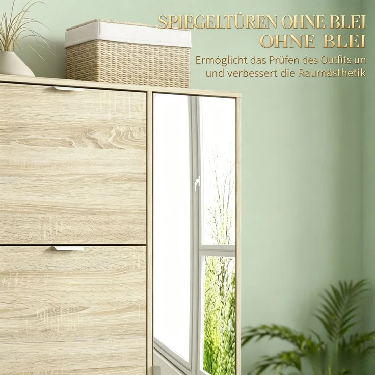 Schuhschrank mit 4 Klapptüren, 2 Schränken und Spiegelfronten für 16 Paar Schuhe, Eingangsmöbel--Eiche--82x30x168cm--YOUDENOVA – Bild 10