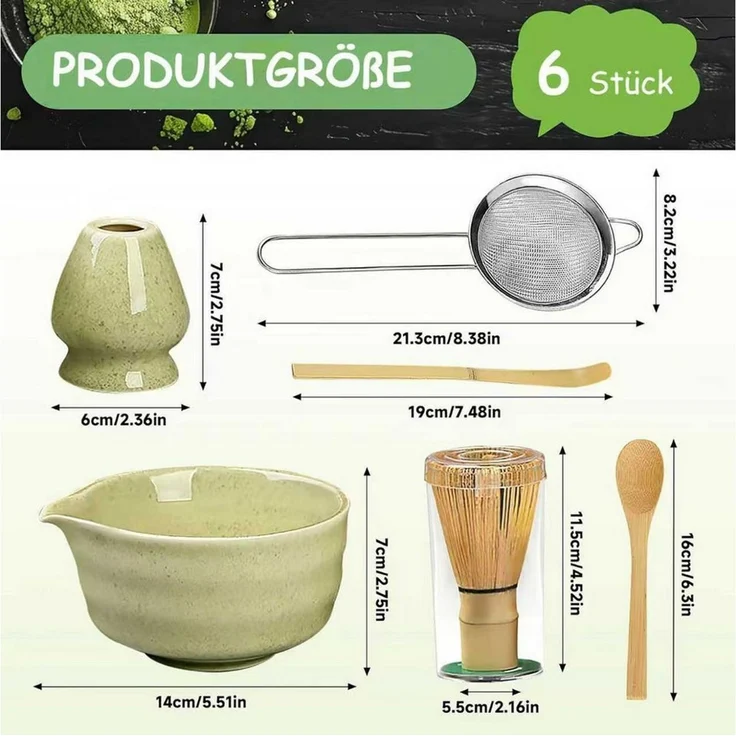 SURFOU Teeservice 6 Stück Matcha Tee Set mit Matcha Besen Edelstahlsieb Schal, 2 Matcha Löffel Besenhalter aus Keramik Matcha-Utensilien – Bild 2