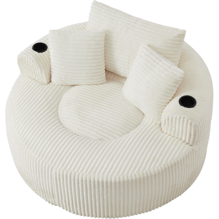Rundes Loungesofa aus Cord, Einzelsitz Sitzsack Liegestuhl mit 3 Kissen, 2 Getränkehaltern, Seitenaufbewahrung, Rutschfest, Bequemes Relaxsofa für Wohnzimmer Schlafzimmer--Beige--146x29x32cm--YOUDENOVA – Bild 8