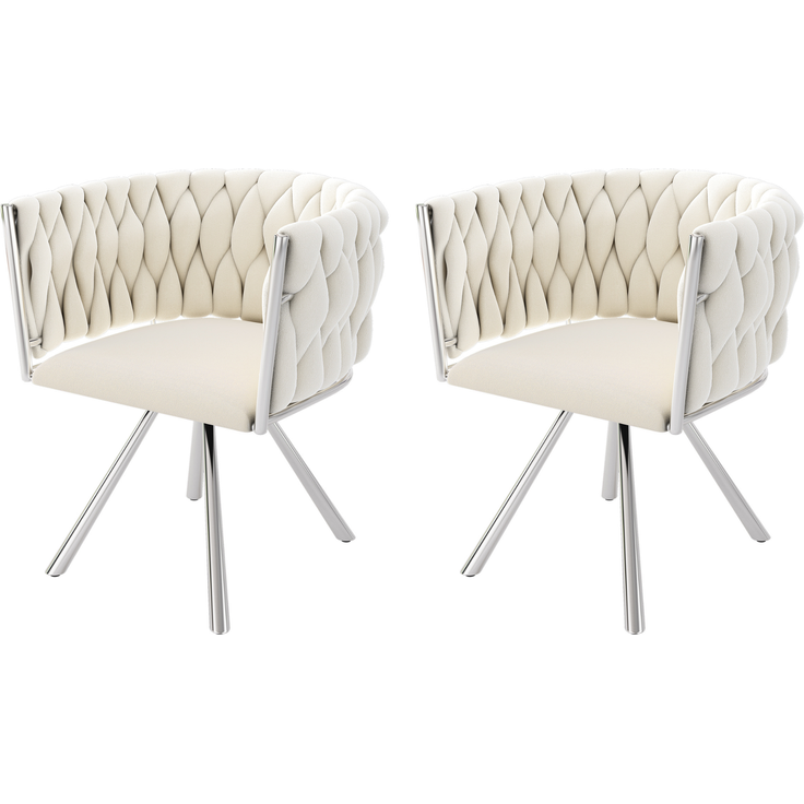 Merax Samt-Esszimmerstuhl, 2er set, Schlafzimmer-Drehstuhl, 360° drehbar Freizeit-Drehstuhl mit vier Stützbeinen aus Metall, beige+Silber