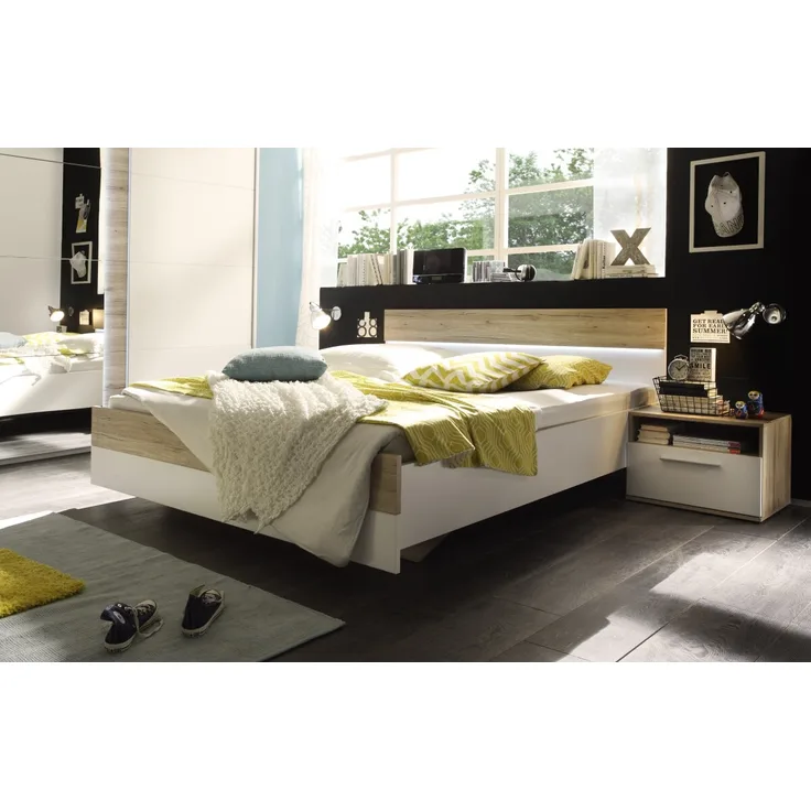 Bettanlage MATCH 3-tlg. Bett 180cm Dopplebett Ehebett Nachtkommoden weiß Eiche San Remo