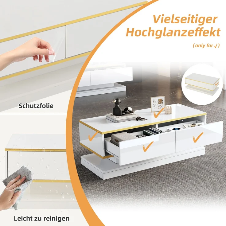 Merax Hochglanz-Couchtisch, Sofatisch mit 2 großen Schubladen, einzigartiger Wohnzimmertisch, warmweiß + goldener Rand kaffeetisch – Bild 5