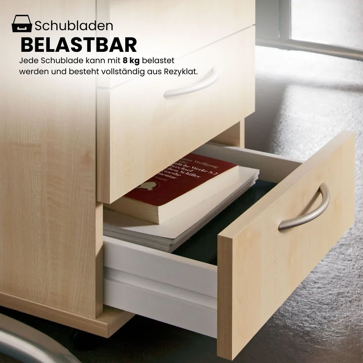 bümö basic Rollcontainer mit Schubladen, Container aus Holz in Asteiche - Rollwagen für's Büro als Schreibtisch Unterschrank, Bürocontainer od. Schreibtischcontainer mit Bogengriffe, 1606-R-R-BO – Bild 2