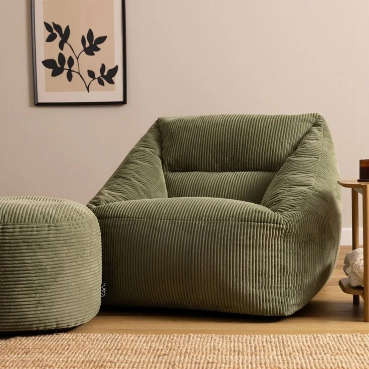 Icon Natalia Sitzsack Sessel mit Hocker für Erwachsene, Salbeigrün, Flauschiger Cord Stoff, Riesen Sitzsack Cord mit Füllung, Bean Bag Chair, Bequemer Sessel Wohnzimmer, Lounge, Schlafzimmer, Büro – Bild 2