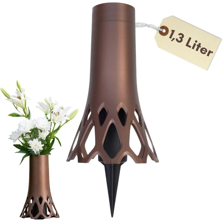 Grabvase Erdspieß Grab Vase Friedhof Wetterfest Grabschmuck Vase für Grab zum Stecken Grabdekoration Grabvase Kunststoff Frostsicher Friedhof Steckvase Bronze 1,3 L – Bild 1