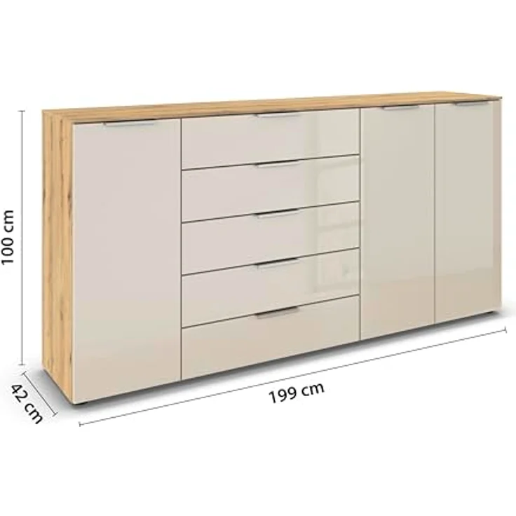 Rauch Möbel Flipp, Kommode für Schlafzimmer, Kinderzimmer, Wohnzimmer, Flur, Garderobe, 3-türig, 5 Schubladen, mit Softclose-Funktion, Farbe Eiche Artisan, Holz/Glas Beige, Breite 199 cm – Bild 4