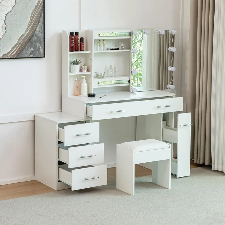 Thanaddo Schminktisch Schminktisch mit Schiebespiegel, 5 Schubladen und offenen Regalen (1 x Schminktisch, 1 x Hocker, 1 x Anleitung), 5 Schubladen, 4 offene Regale, großes Fassungsvermögen – Bild 1