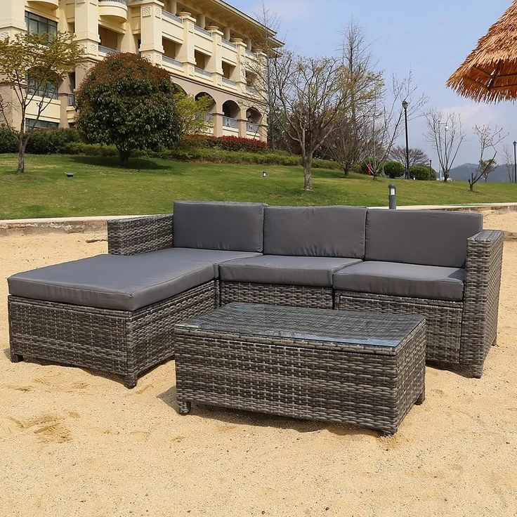 Polyrattan Lounge Gartensofa Set Hocker Tisch Sitzgruppe Grau Rattanmöbel Liege – Bild 3