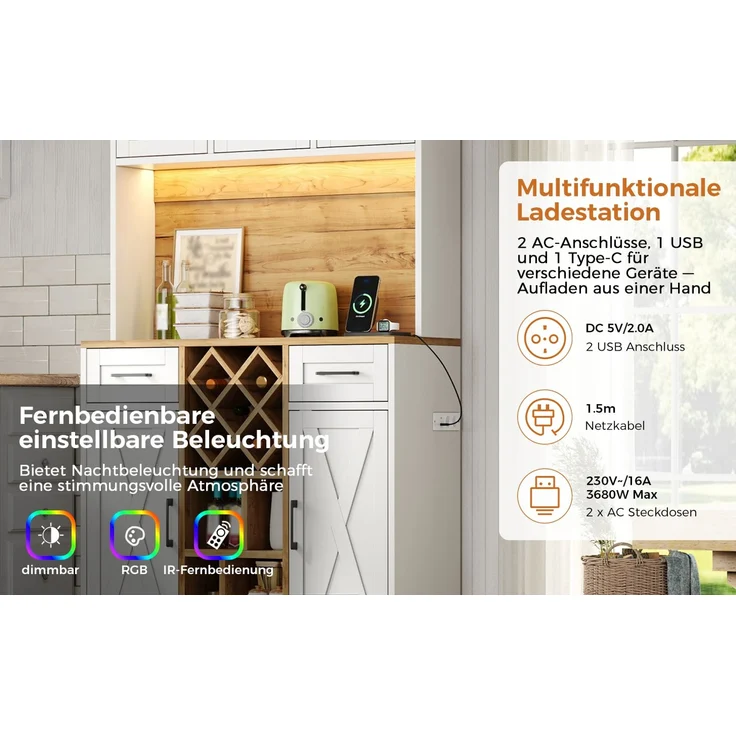 ZUBALIYA hoher Stauraumschrank mit LED-Beleuchtung / Vorratsschrank mit Weinregalen, mit weinschrank & Vitrinenschrank für Wohnzimmer und Esszimmer, 180 x 105 x 40 cm, fürs Wohnzimmer, mit Schubladen – Bild 14