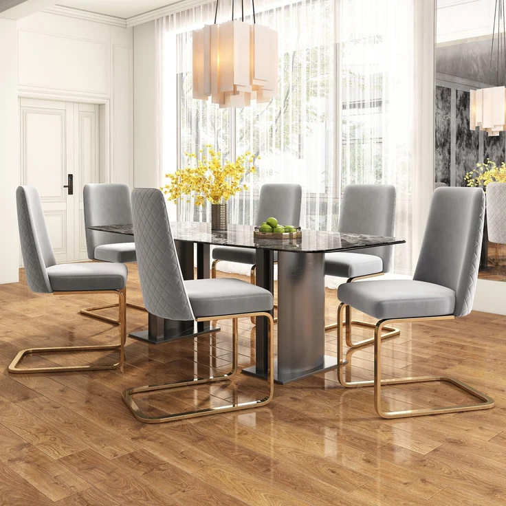 Esszimmerstuhl Samt Grau 2er Set mit Rauten Design Rückenlehne,Polsterstuhl ergonomisch gepolstert mit Metallbeinen, Loungesessel stilvoll weich – Bild 1
