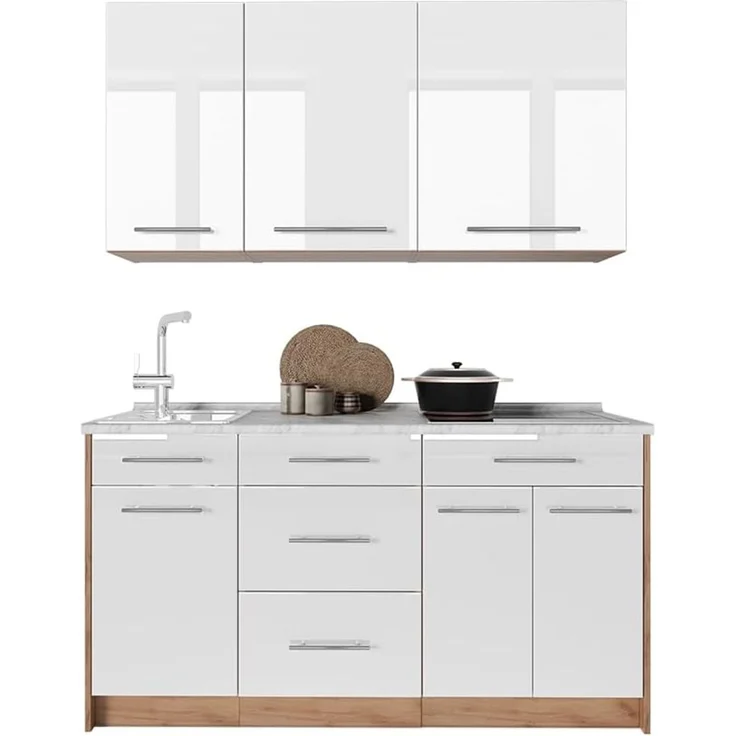 Singleküche Fame-Line Weiß Hochglanz/Goldkraft Eiche 150 cm, AP Eiche Vicco – Bild 8