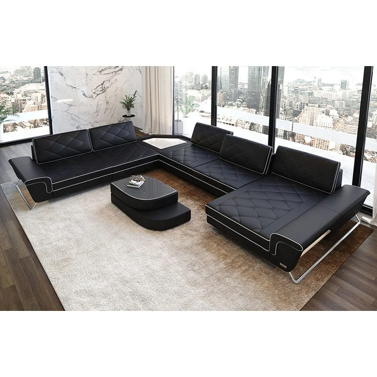 XXL Wohnlandschaft Ferrara – Leder Luxus - Echtleder - schwarz-weiß - Rechts – Bild 3