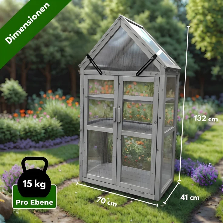 Coemo Gewächshaus Grau Jan mit aufklappbaren Türen und Dach 70 x 41 x 132 cm – Bild 6