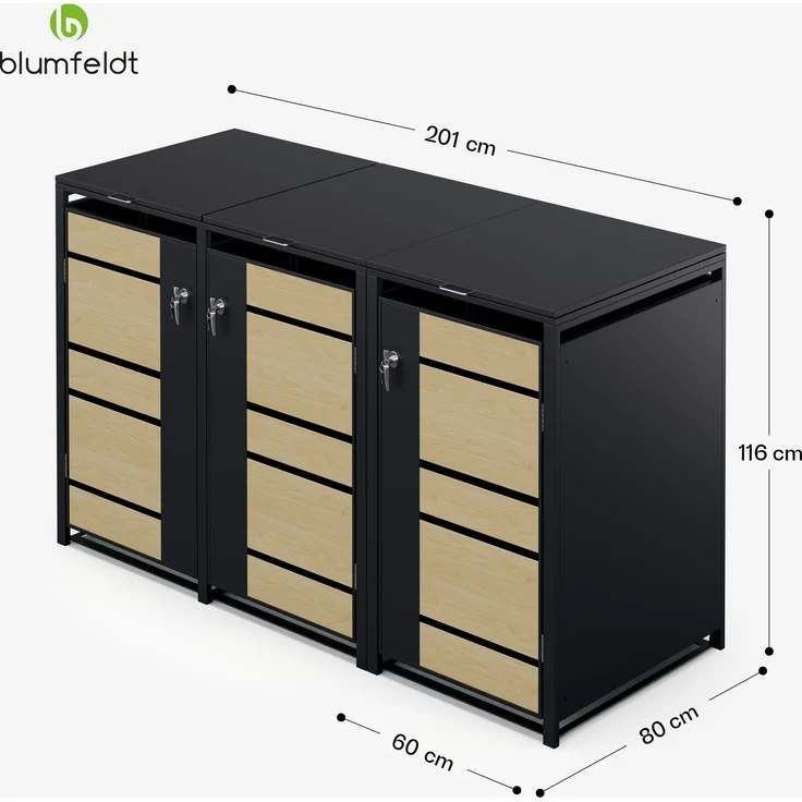 Blumfeldt BinSafe Mülltonnenbox – Wetterfest, Verzinkter Stahl, Für 60L/120L/240L, Schloss, Modernes Design, Mülltonnenverkleidung für 3 Tonnen, Ahorn & Schwarz – Bild 7