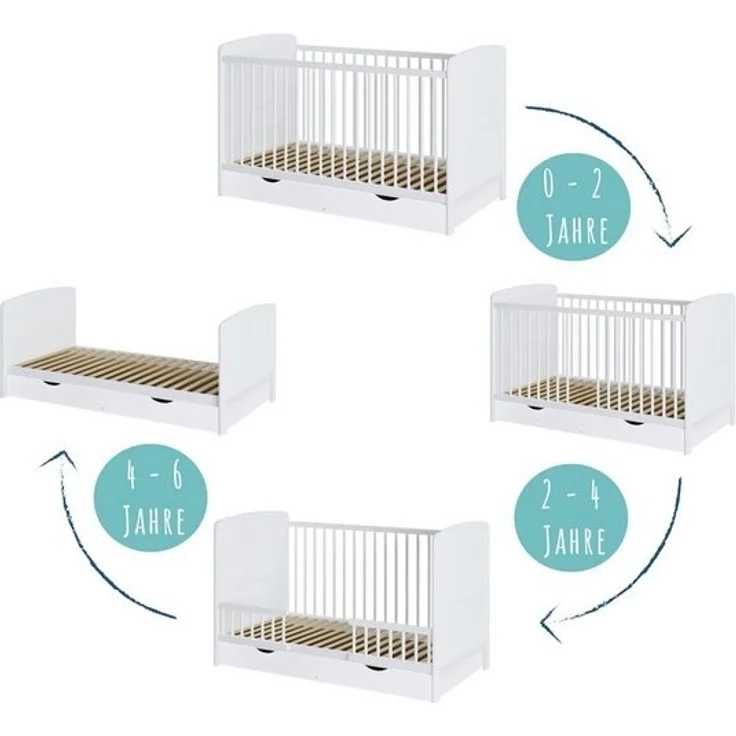 Kids Collective Babybett Kinderbett 70x140 cm umbaubares Gitterbett höhenverstellbar, herausnehmbare Sprossen, weiss Vollholz Kiefer, mit Schublade – Bild 4